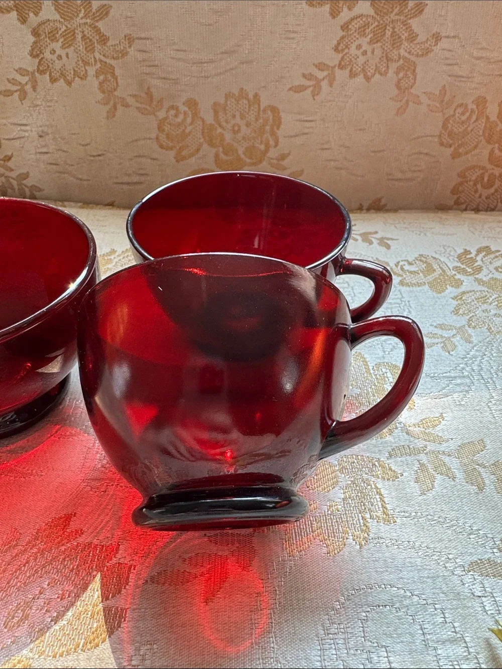 Set of Two Ruby Red Glass Cups and bowl